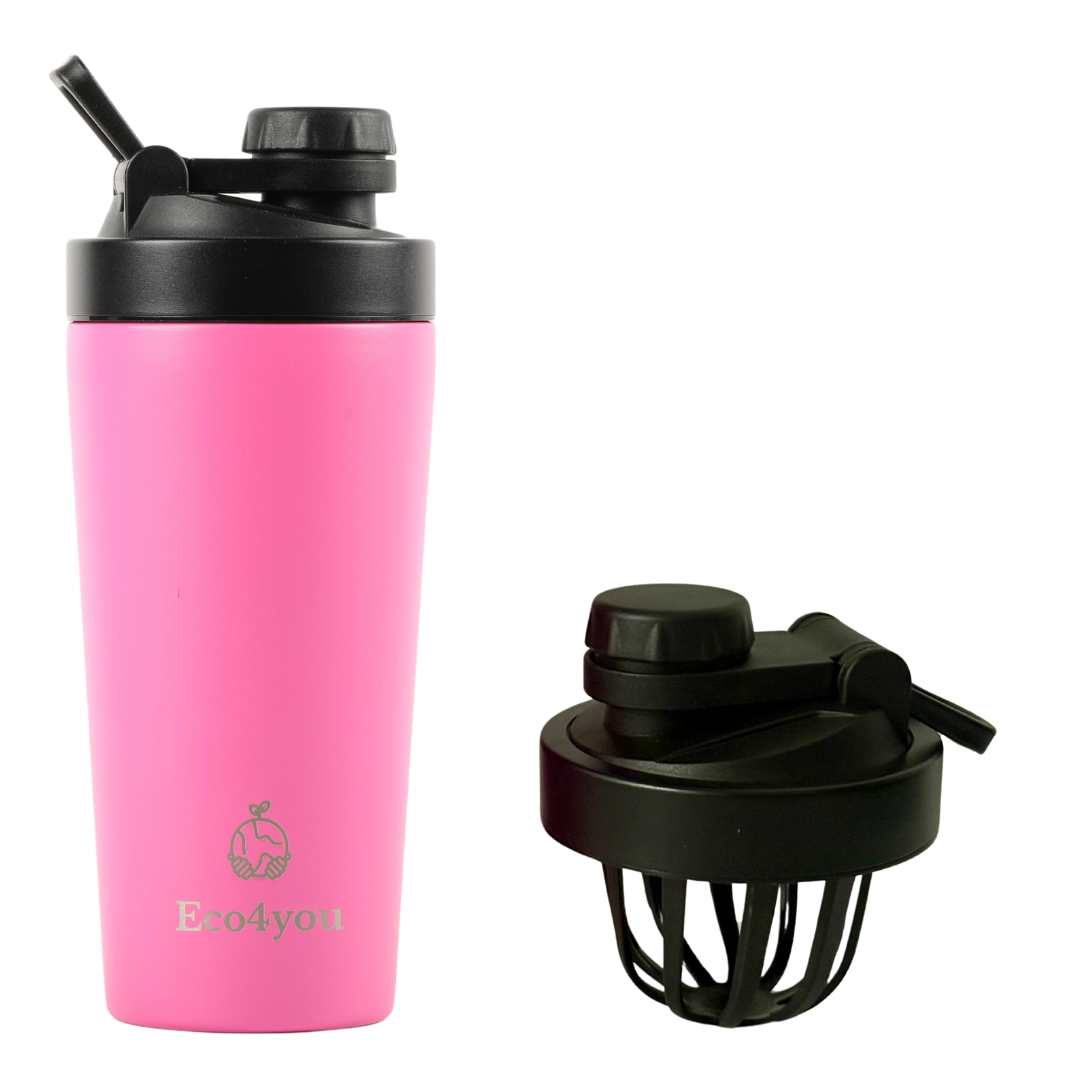 Eco4you pink stainless steel shaker bottle with black infuser, perfect for protein shakes and infused water.