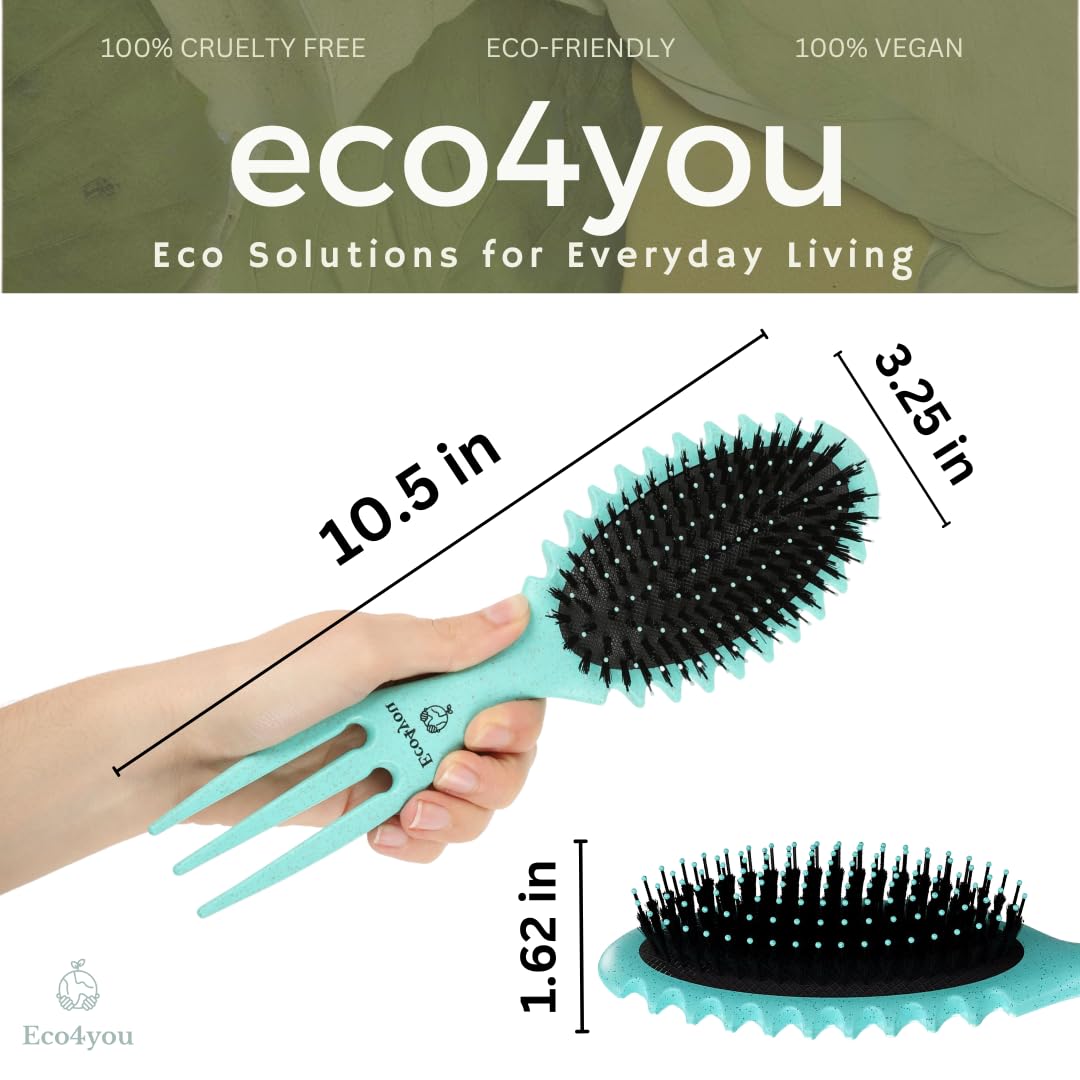 Eco4you 5-in-1 Curl Defining Brush – Trident-Handled Detangler for Wet & Dry Hair, Organic Styling Brush for Curly, Wavy & Damaged Hair – Reduces Frizz, Made from Natural Wheat Straw (Pink)