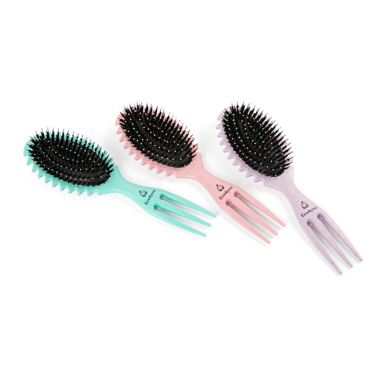 Eco4you 5-in-1 Curl Defining Brush – Trident-Handled Detangler for Wet & Dry Hair, Organic Styling Brush for Curly, Wavy & Damaged Hair – Reduces Frizz, Made from Natural Wheat Straw (Pink)