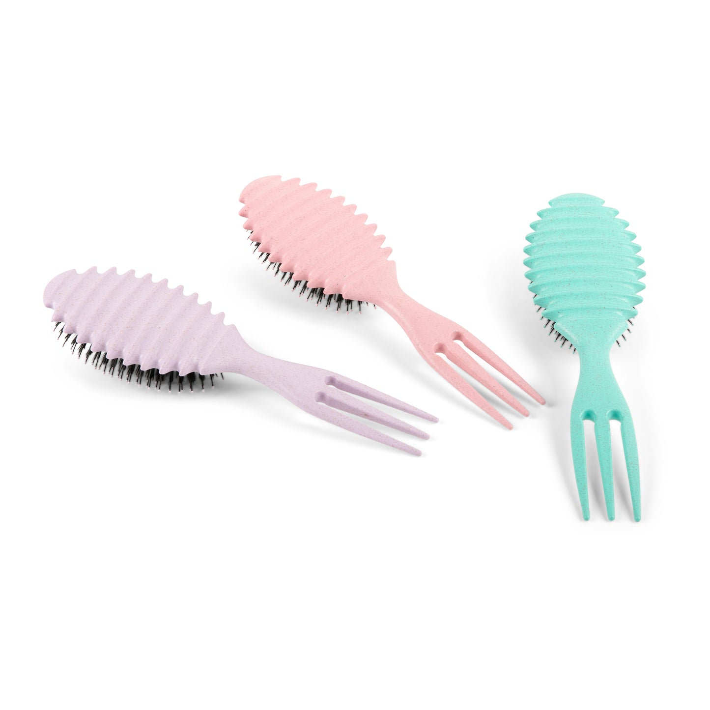 Three eco-friendly organic hair brushes in pastel colors for gentle detangling.