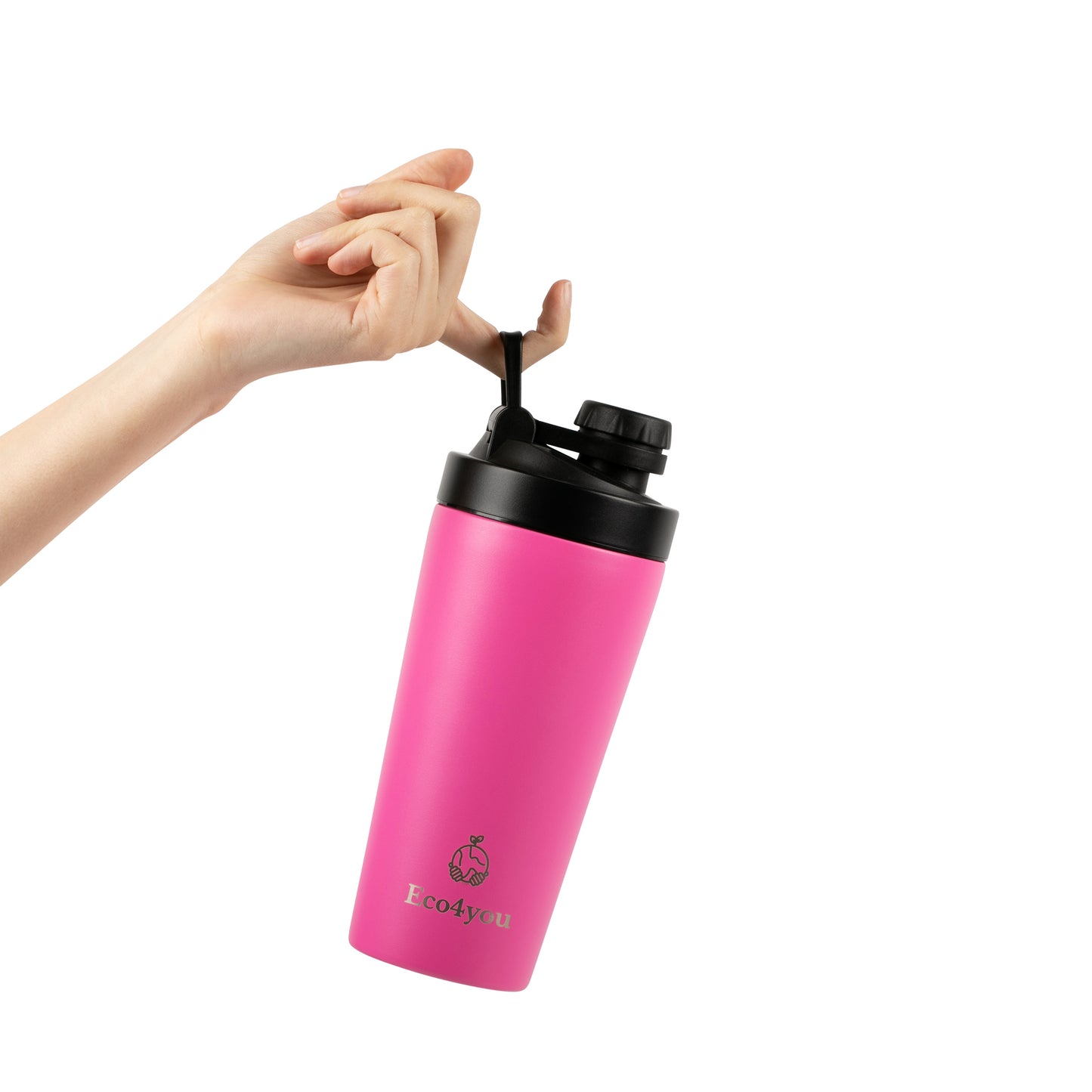 Hand holding a pink Eco4you stainless steel shaker bottle with infuser and lid.