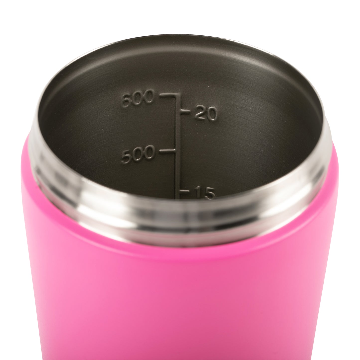 Interior view of a pink stainless steel shaker bottle with measurement markings for easy mixing.