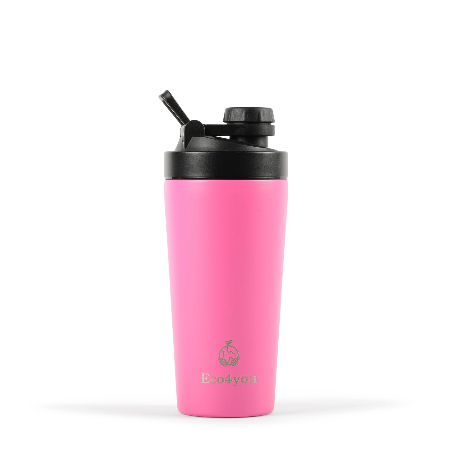 Eco4you pink stainless steel shaker bottle with infuser and straw, 23oz, insulated design for mixing and infusing.