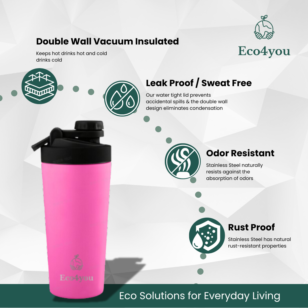 Eco4you pink stainless steel shaker bottle with double wall vacuum insulation and leak-proof lid.