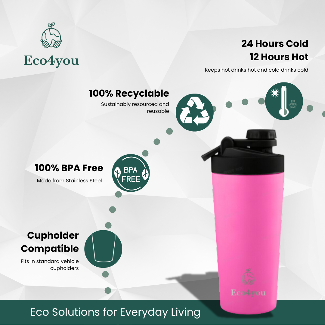 Eco4you stainless steel shaker bottle in pink, features 24 hours cold, 12 hours hot, recyclable, BPA free, cupholder compatible.