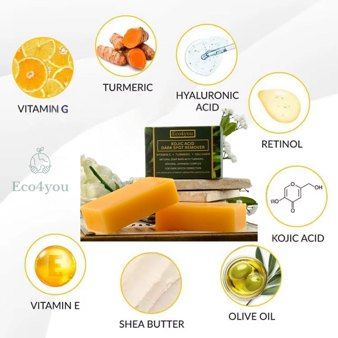 Eco4you Kojic Acid Soap for Dark Spots – Enhanced with Turmeric, Vitamin C, Retinol, and Collagen – Japanese-Inspired Formula with Hyaluronic Acid, Vitamin E, Shea Butter, and Castile Olive Oil (2 Pack)