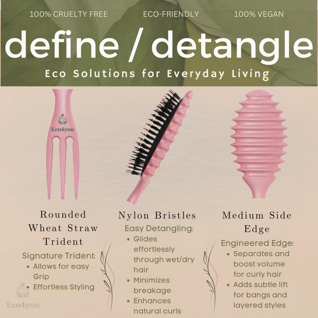 Eco4you 5-in-1 Curl Defining Brush – Trident-Handled Detangler for Wet & Dry Hair, Organic Styling Brush for Curly, Wavy & Damaged Hair – Reduces Frizz, Made from Natural Wheat Straw (Pink)