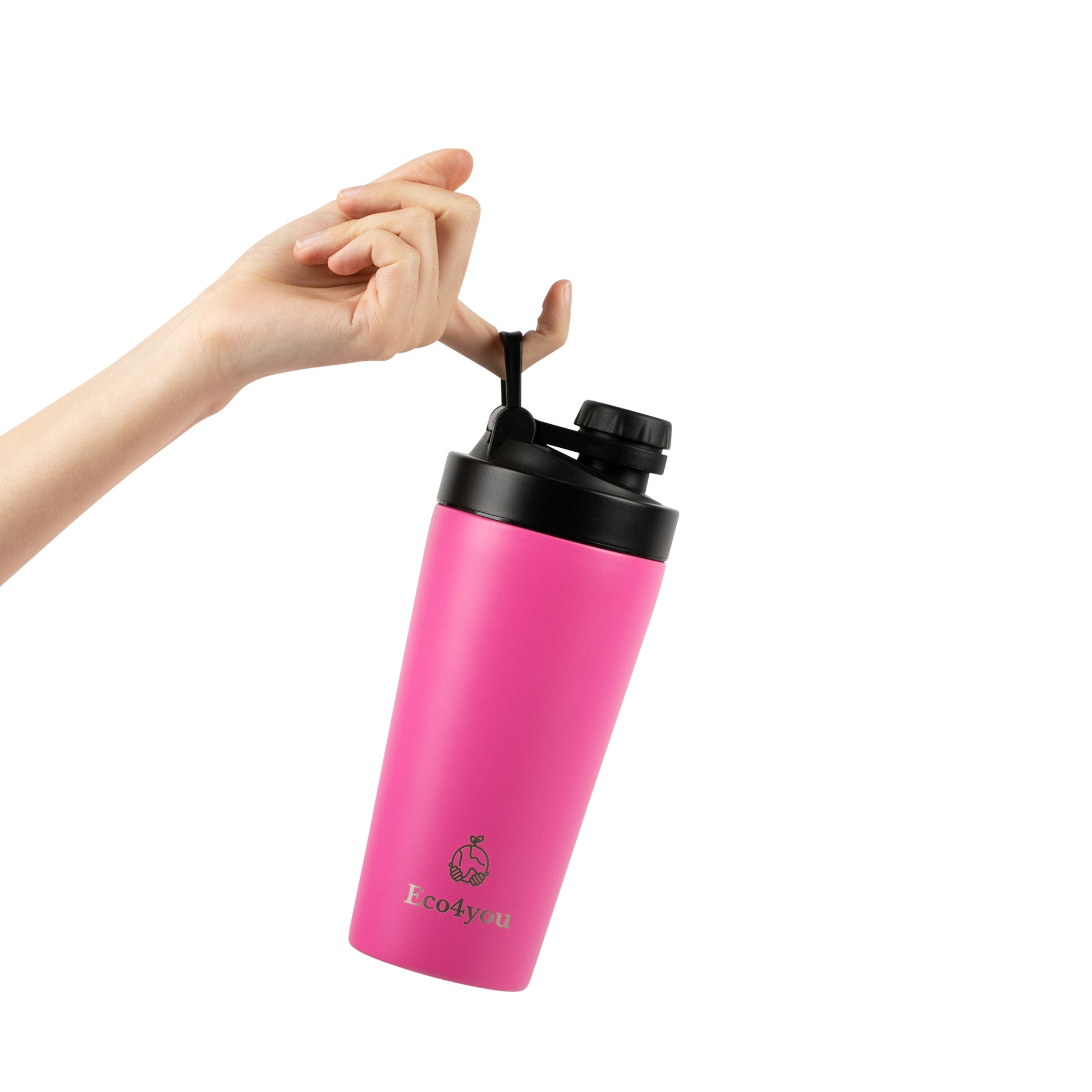 Hand holding a pink Eco4you stainless steel shaker bottle with infuser and lid.