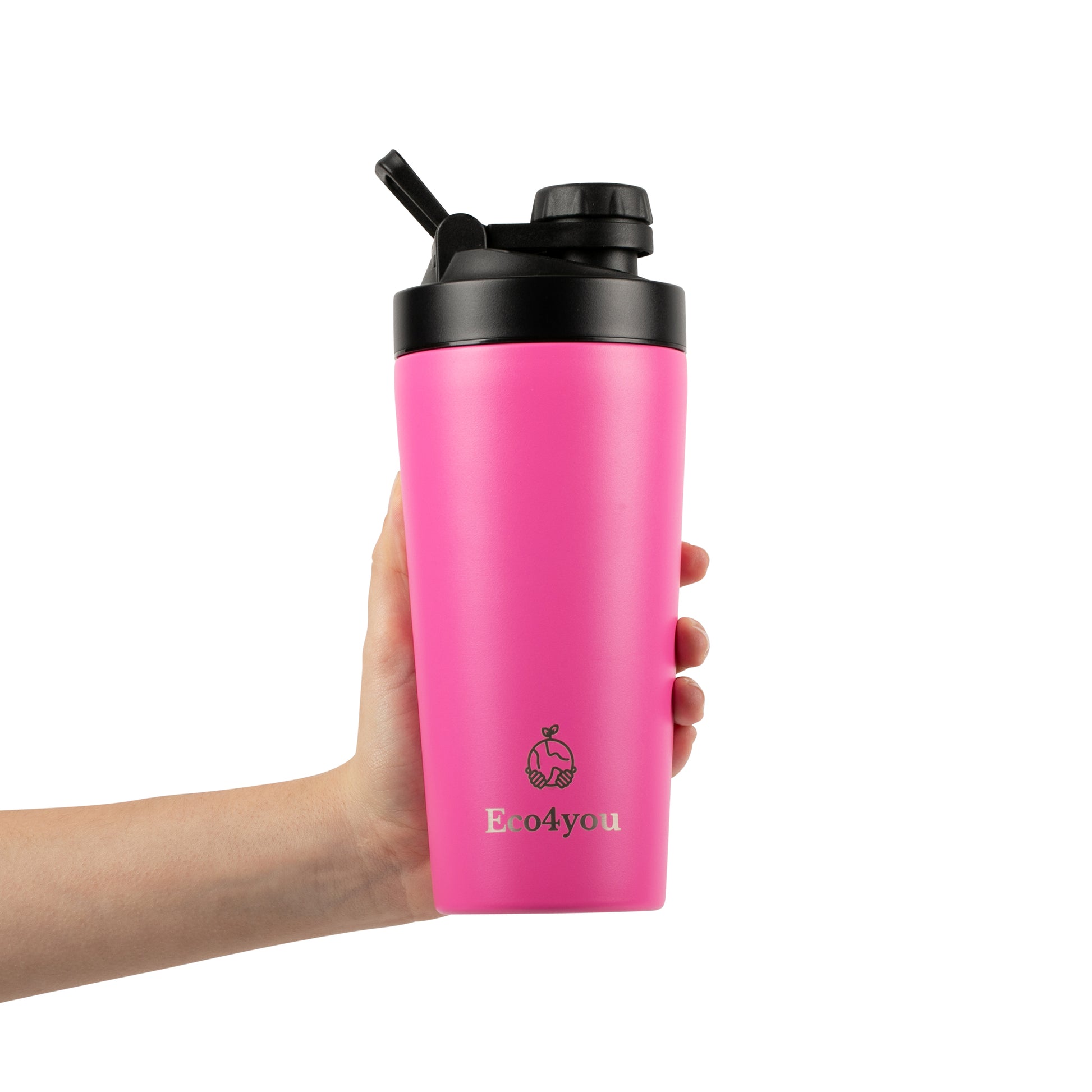 Eco4you pink stainless steel shaker bottle with infuser, held in hand, showcasing 2-in-1 design for mixing shakes and infused water.