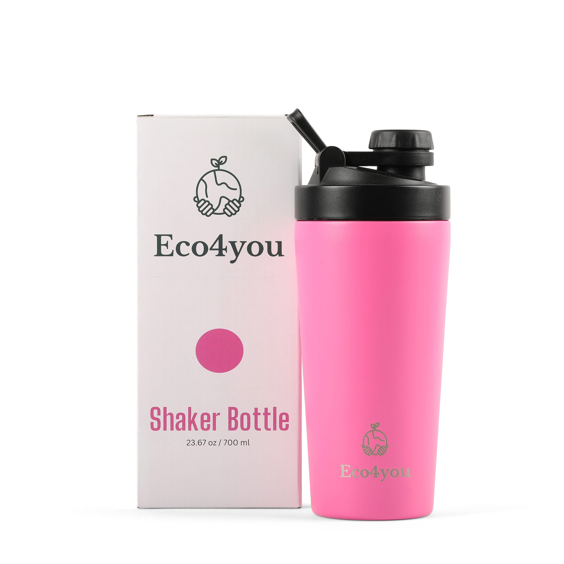 Eco4you 23oz pink stainless steel shaker bottle with infuser next to its packaging.