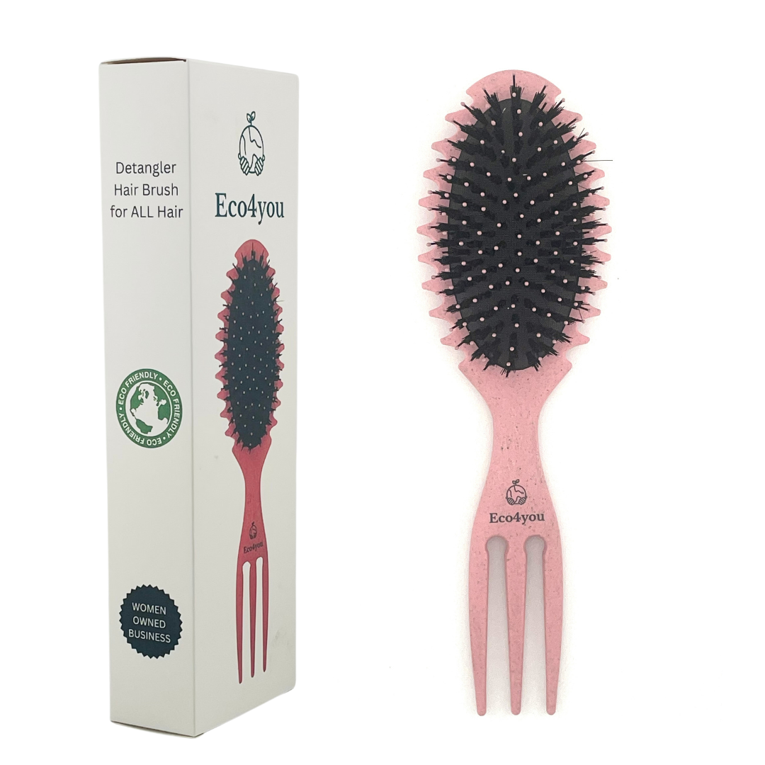 Eco4you organic hair brush in pink with black bristles, designed for effortless detangling for all hair types.