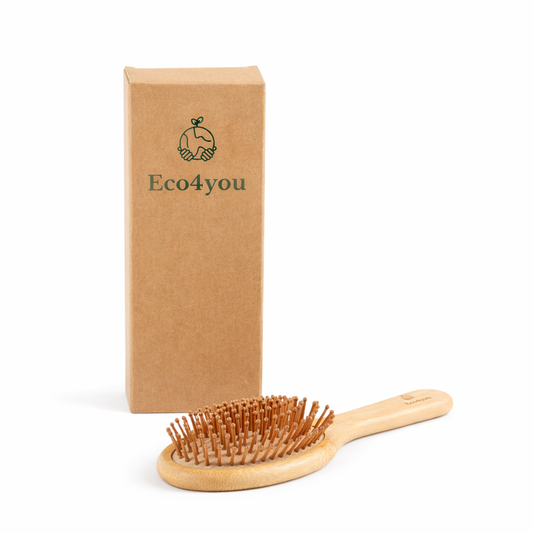 Eco4you round bamboo hair brush with natural bamboo bristles and branded eco-friendly box on white background