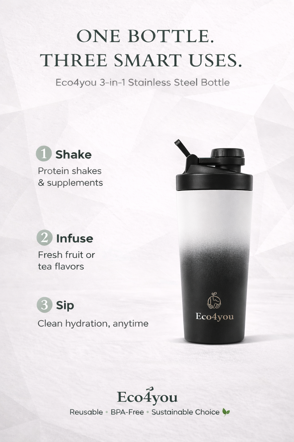 Eco4you 3-in-1 stainless steel shaker bottle showing shake, infuse, and sip uses on a white background