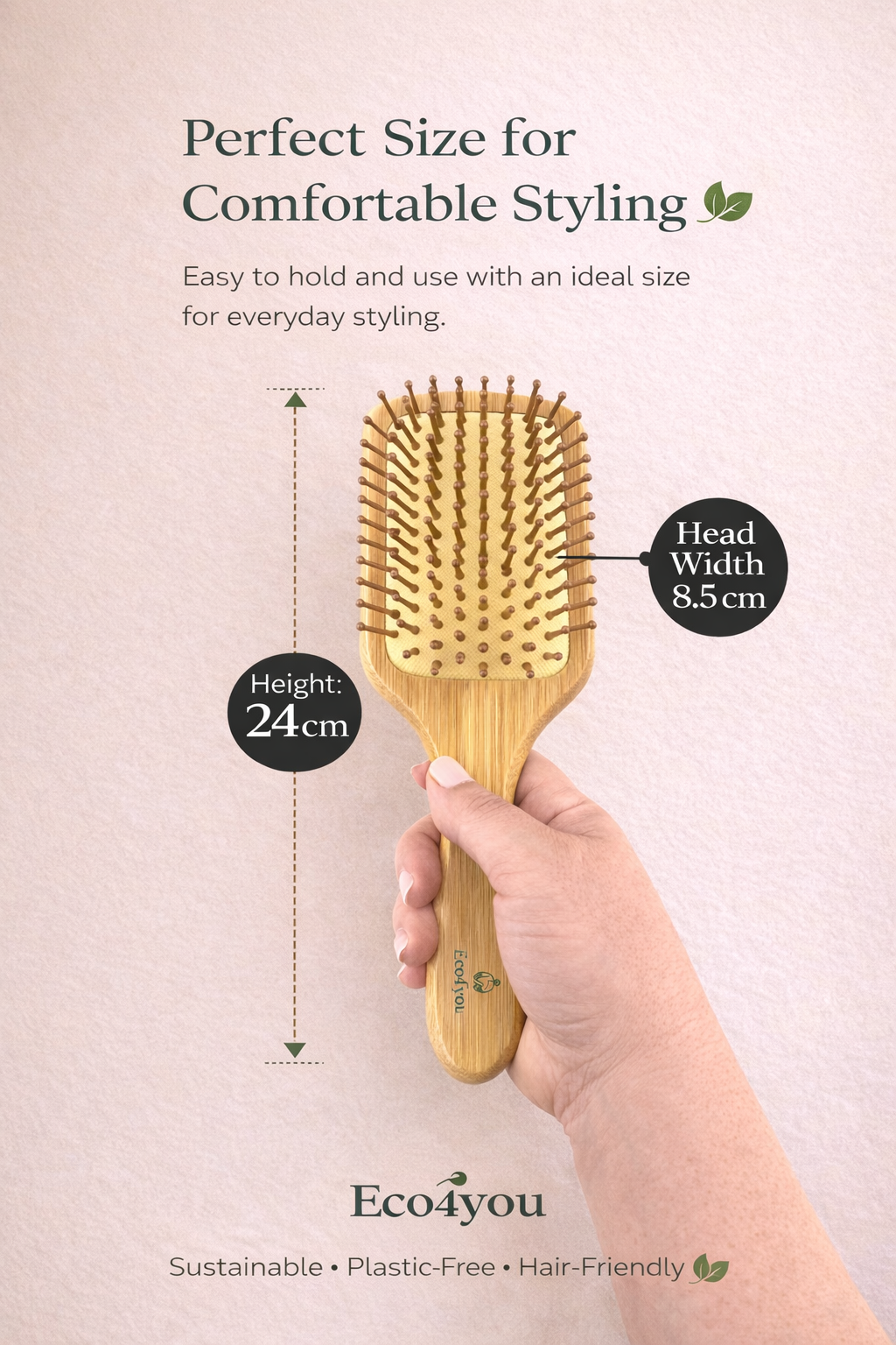 Eco4you square bamboo hair brush held in hand showing size measurements, ergonomic handle, and natural bamboo design for comfortable everyday styling