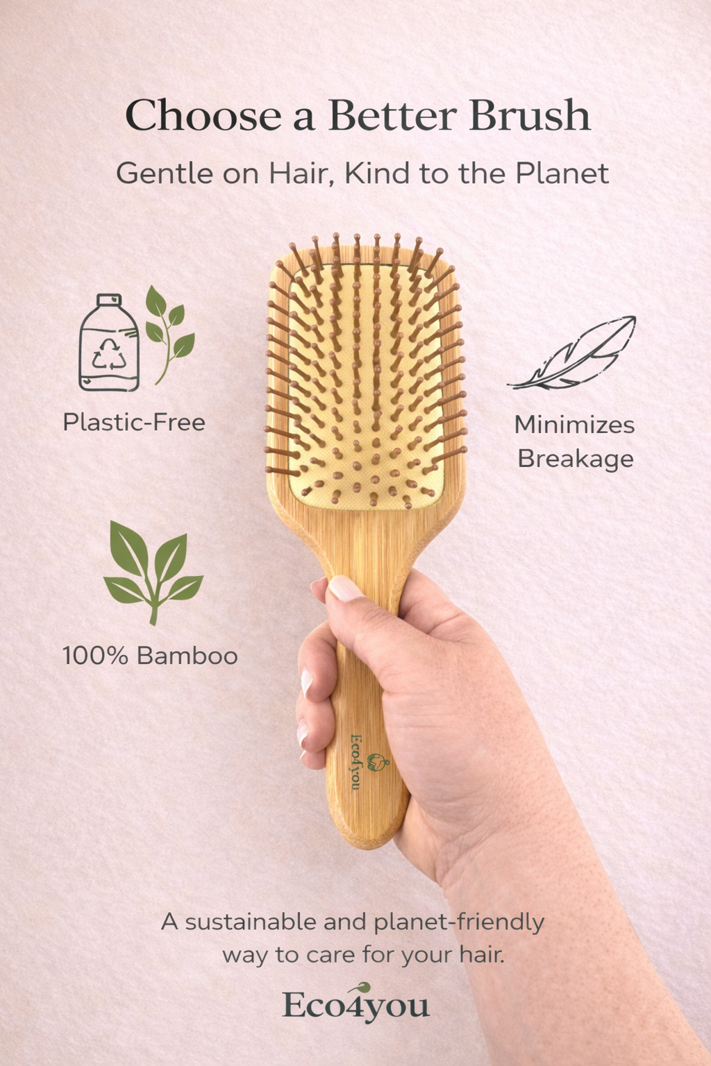 Eco4you square bamboo hair brush held in hand highlighting plastic-free, 100% bamboo design that minimizes breakage and offers an eco-friendly alternative for gentle hair care