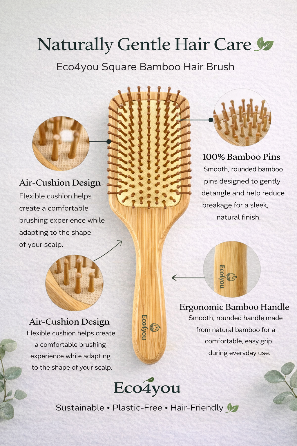 Eco4you square bamboo hair brush with air-cushion design, bamboo pins, and ergonomic handle for gentle detangling and scalp care