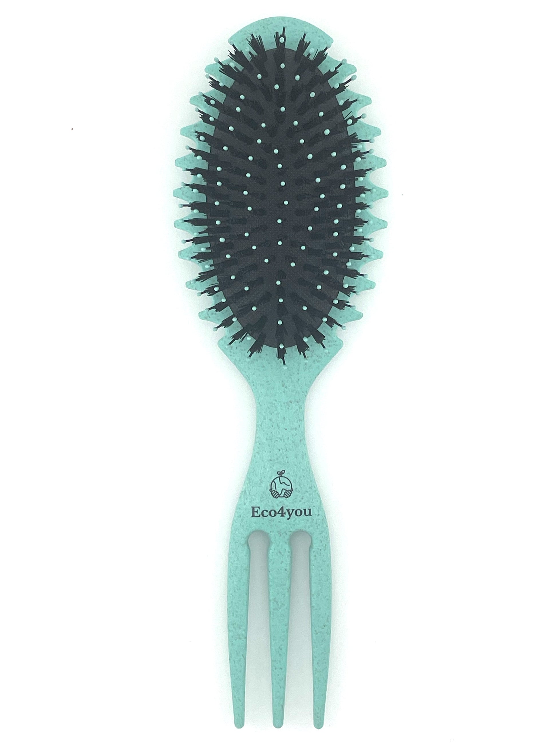 Eco-friendly detangling hair brush made from natural wheat straw in turquoise, designed to reduce frizz and define curls.