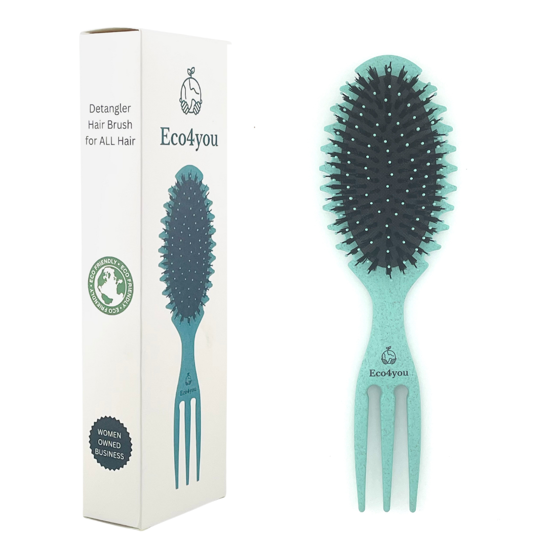 Eco-friendly detangling hair brush made from natural wheat straw, ideal for all hair types, minimizes frizz, and defines curls.