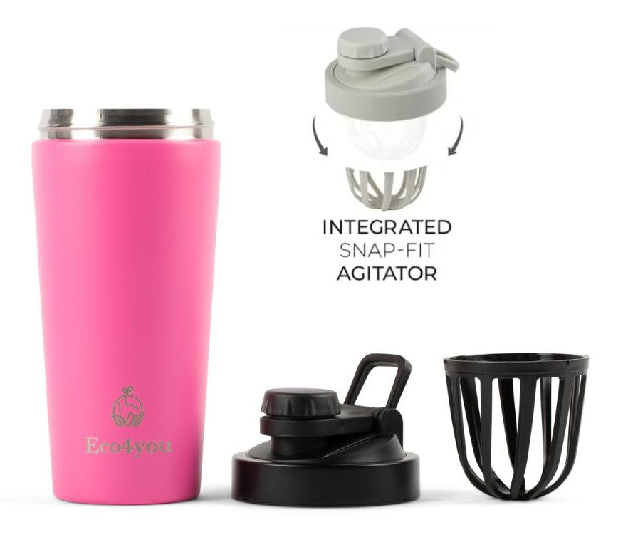 Eco4you pink stainless steel shaker bottle with integrated snap-fit agitator and removable lid.