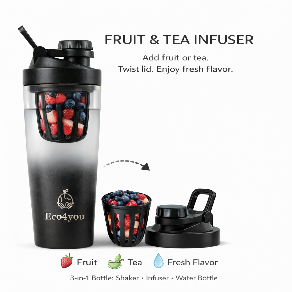 Eco4you stainless steel shaker bottle with fruit and tea infuser basket showing fresh berries and removable lid