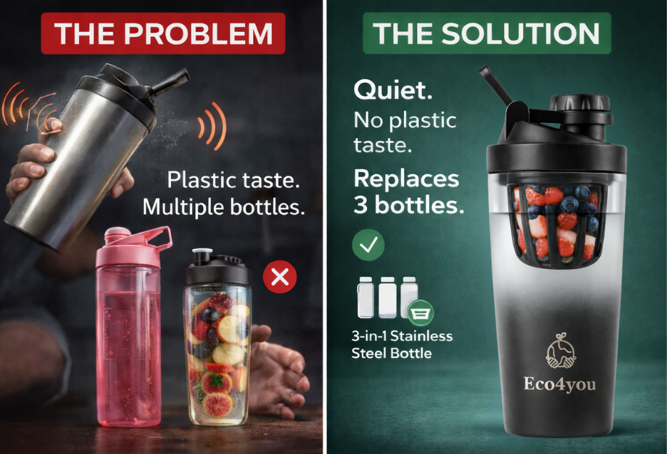 Comparison image showing plastic bottles versus the Eco4you 3-in-1 stainless steel shaker bottle as a quiet, plastic-free solution
