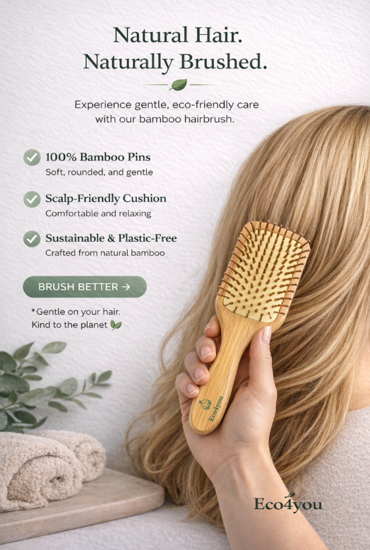 Eco4you square bamboo hair brush held in hand, gently brushing long hair, featuring 100% bamboo pins, scalp-friendly cushion, and plastic-free eco-friendly design
