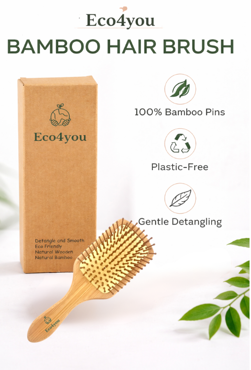 Eco4you square bamboo hair brush with 100% bamboo pins, plastic-free design, and gentle detangling for all hair types